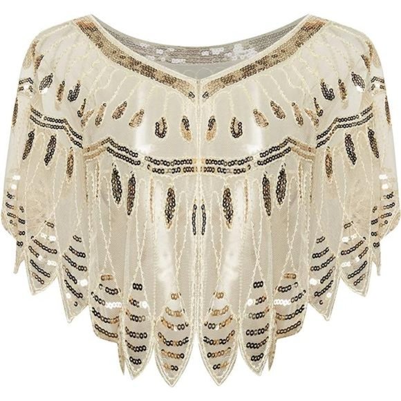 1920S Shawl Wraps Sequin Beaded Evening Y-apricot Gold
